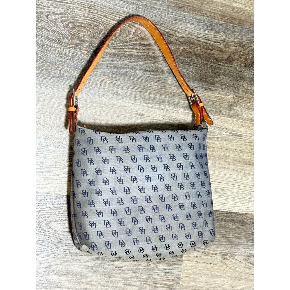 Dooney & Bourke VTG Grey Navy Signature Monogram Hobo Shoulder Bag Leather Trim